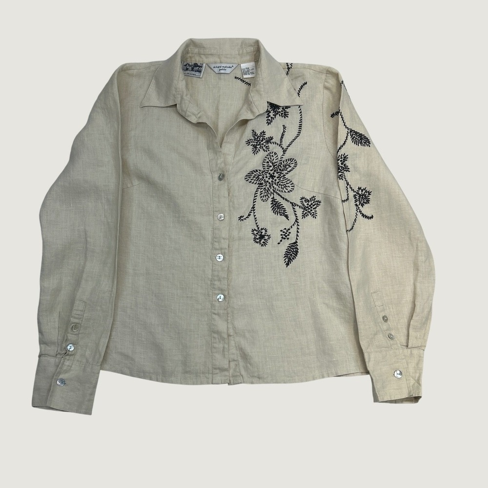 Richard Malcolm Shirt Women PM Beige 100% Irish Linen Floral Embroidered Top